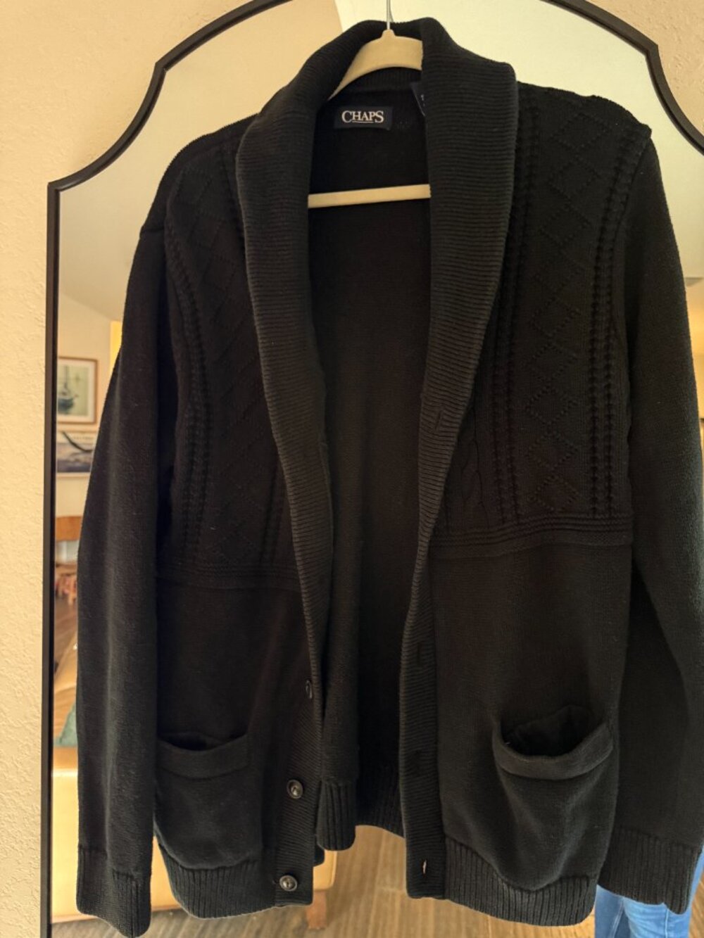 Chaps Men’s M Black 100% Cotton Cable Knit Shawl Collar Cardigan Sweater